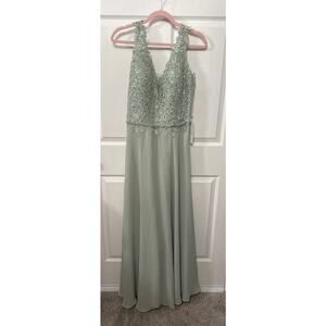 NWT Lavetir Beaded Lace Corset Back Chiffon Maxi Formal Gown in Mint Green, 16